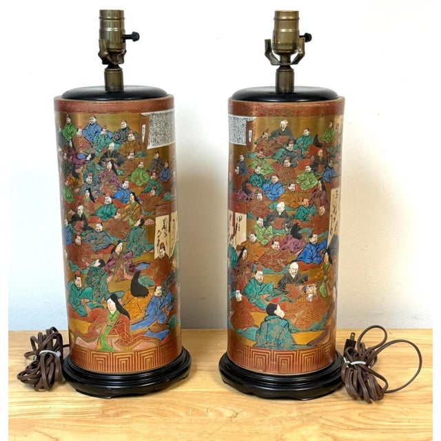 Ceramic Pair of Meiji Period Japanese Kutani Porcelain "100 Poems" Vases, Now as Lamps For Sale - Image 7 of 12