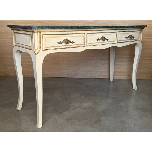 1930s 20th Century French White Painted Table Console With Green Marble Top For Sale - Image 5 of 16