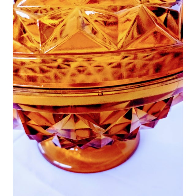 1950s Heavy Amberina Glass Diamond Point Pattern Covered Candy Dish For Sale - Image 12 of 13