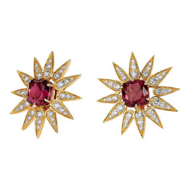Syna Sunburst Earrings with Rubellite and Diamonds, a Pair For Sale