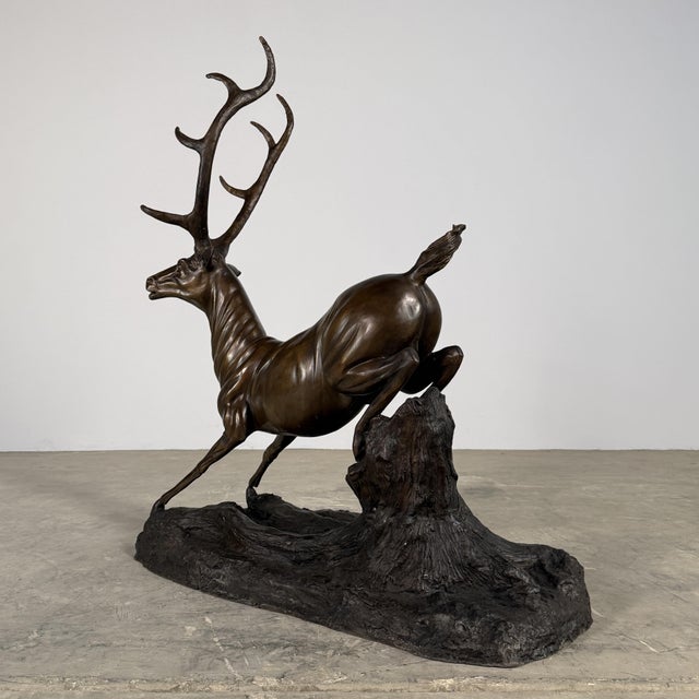Bronze Large Bronze Stag Sculpture – Leaping Deer on Log Base, 36” H Wildlife Art For Sale - Image 8 of 13