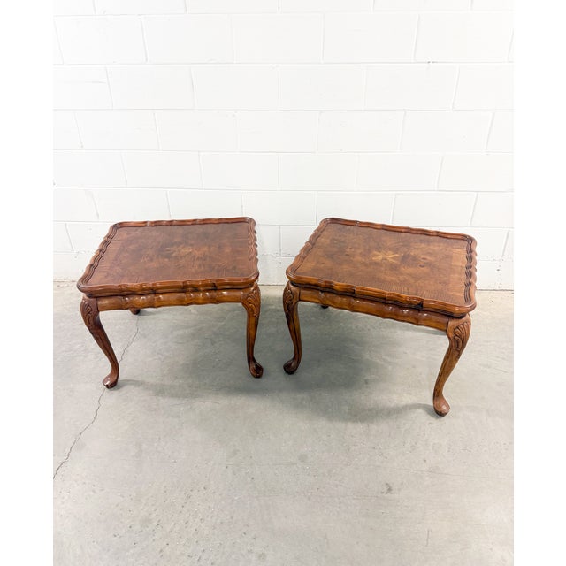 Mid 20th Century Neoclassical French Provincial Burlwood Walnut Scalloped End Tables - A Pair For Sale - Image 10 of 12