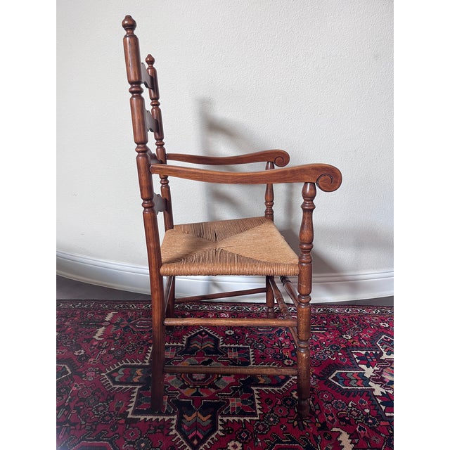 Mid 20th Century Vintage Tell City/Ethan Allen Style Colonial Early American Ladderback Dining Wooden Armchair, Woven Rush Seat For Sale - Image 5 of 12