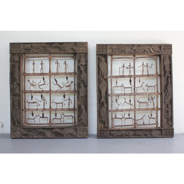 Early 20th Century Wood Carved Two Sculptural Panels ‘Window’ With Metal Animals & Figures For Sale - Image 5 of 13