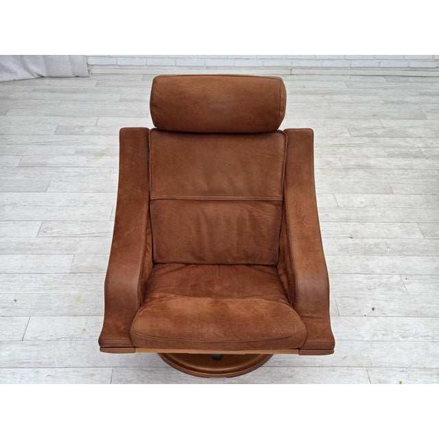 Wood Swedish Swivel Armchair in Nubuck Leather, Canvas and Beech Bentwood, 1980s For Sale - Image 7 of 18