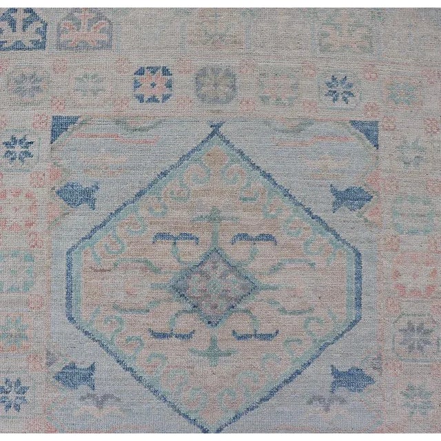 Modern Modern Oushak Medallion Design Runner With Light Blue Color by Keivan Woven Arts For Sale - Image 3 of 11