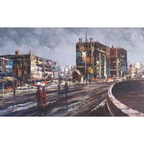 Vintage framed abstract palette knife cityscape oil painting on canvas, signed Peter. Solid wood frame with carved-in...