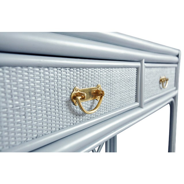 Matthew Izzo Home Gideon Light Blue Two Drawer Console Table With Decorative Rattan Back and Brass Hardware For Sale In New York - Image 6 of 8