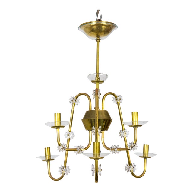 Mid Century Brass & Glass Undulating 6-Arm Chandelier For Sale