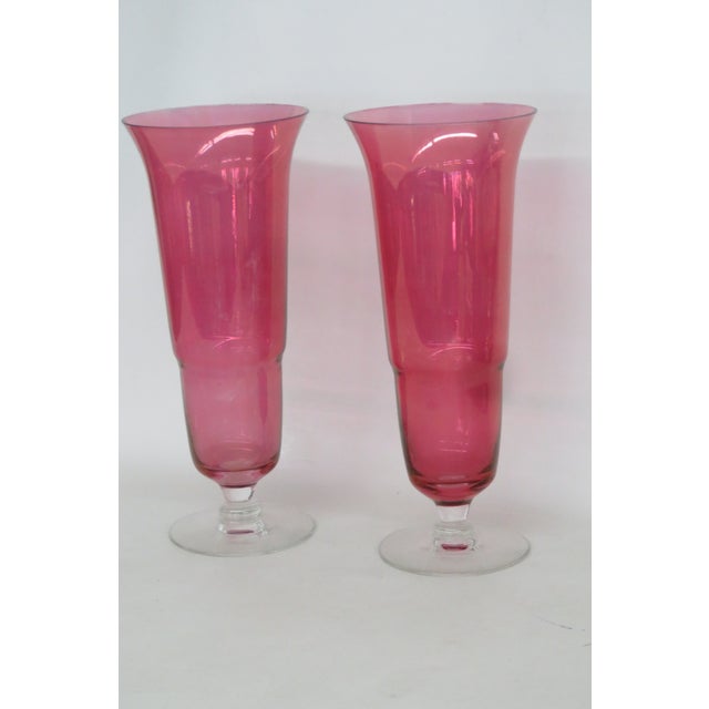 Mid 20th Century Pink Flash Optic Glass Footed Vases Pair of 2 Mid Century Modern Style 5078b For Sale - Image 5 of 13