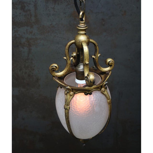French Art Nouveau Brass and Etched Glass Lantern Pendant Light, 1920s For Sale - Image 4 of 12
