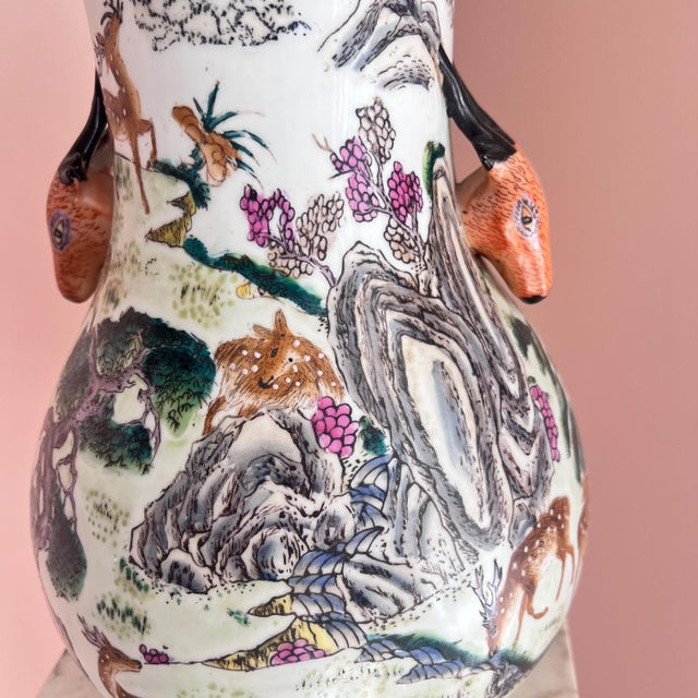 Chinoiserie 1980s Beautiful 100 Deer vase // Chinoiserie // hand-painted ceramic vase // Asian decor // deer head handles // oversized vase // collectible For Sale - Image 3 of 9