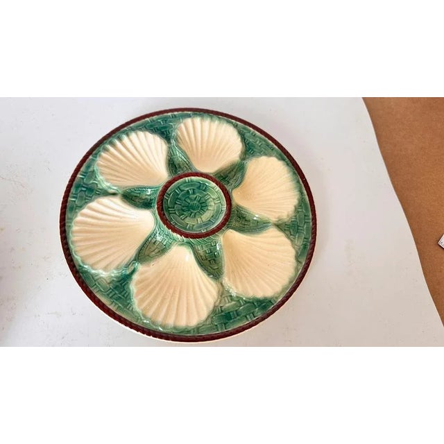 19th Century Green, White & Brown Glaze Majolica Oyster Plates, Set of 4 For Sale - Image 4 of 14