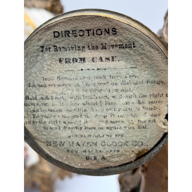 Metal Antique New Haven Mantle Clock, French Porcelain Egg Urn Set For Sale - Image 7 of 10