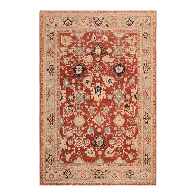 Boho Chic Ziegler Rust Blue Hand-Knotted Wool Rug - 8'3'' X 9'11'' For Sale