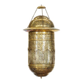 Vintage Indian Brass Hanging Lantern with Pierced Floral and Lattice Motifs For Sale