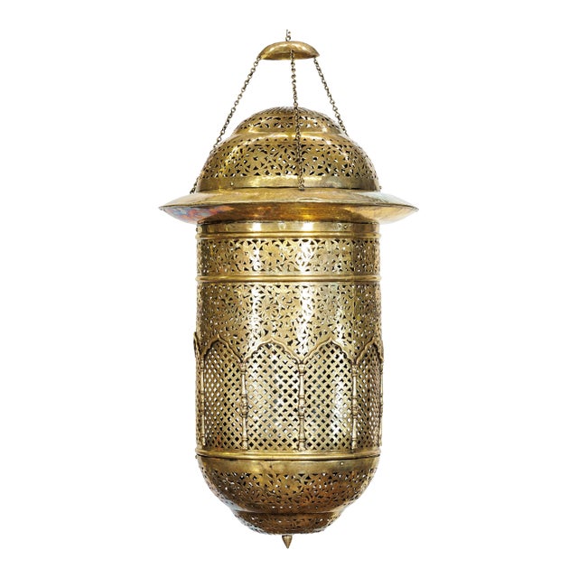 Vintage Indian Brass Hanging Lantern with Pierced Floral and Lattice Motifs For Sale