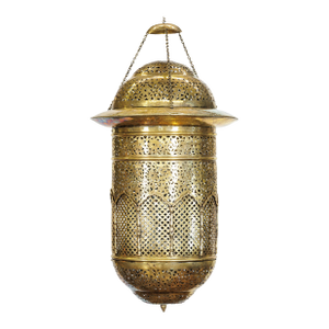Vintage Indian Brass Hanging Lantern with Pierced Floral and Lattice Motifs