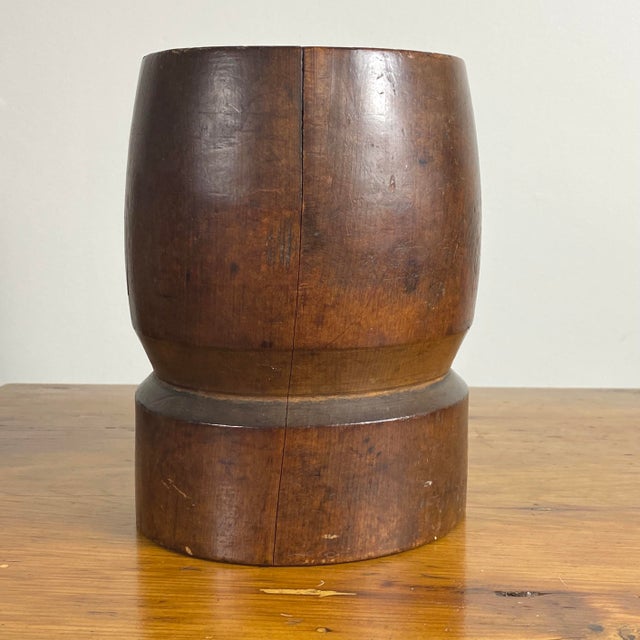 19th Century Primitive Hand Carved Wood Mortar. Crack down one side. Age/wear is present. Perfect for a center piece on a...