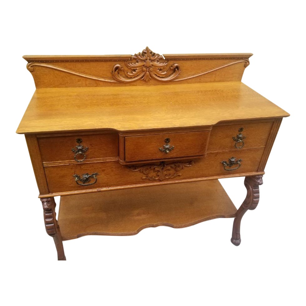 Antique Craftsman Quarter Sawn Oak Hand Carved Northwind Face Hall