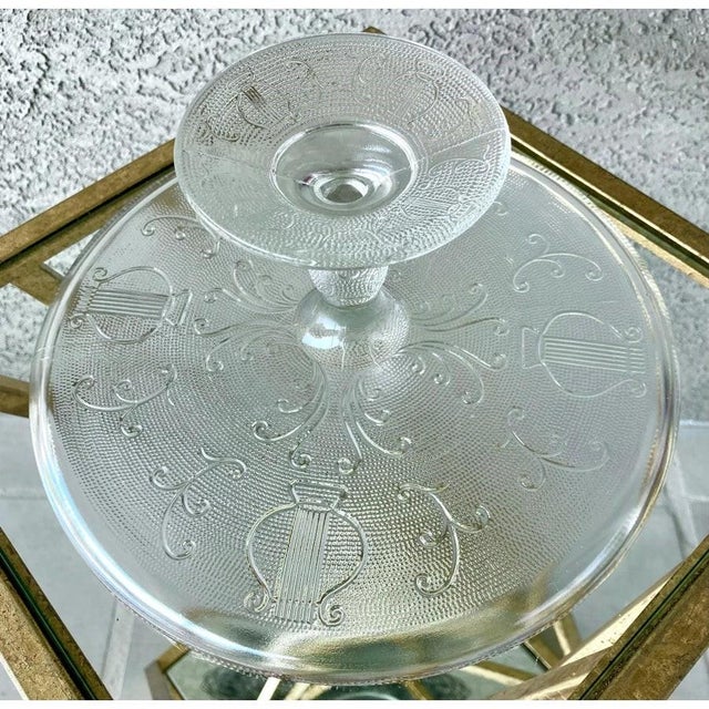 Circa 1950 Whimsical “Harp” Scalloped Gilt Edge Pedestal Cake Stand by Jeannette Glass For Sale In Austin - Image 6 of 18