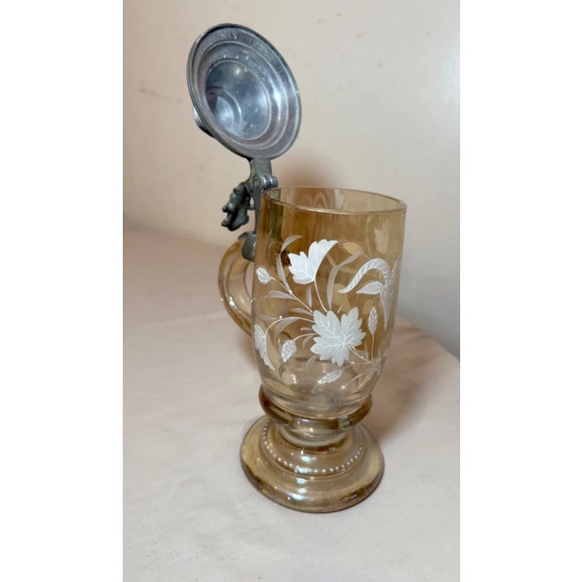 Large Antique Enameled Hand Blown Glass Pewter German Lidded Beer Stein Mug For Sale In New York - Image 6 of 11