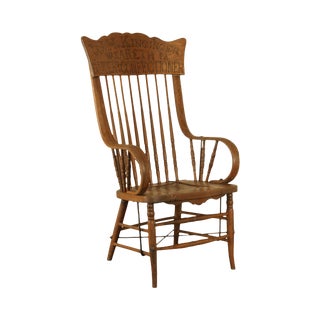 W. H. Kinginger Nazareth P. A. Baker and Confectioner Engraved Antique Oak Armchair For Sale