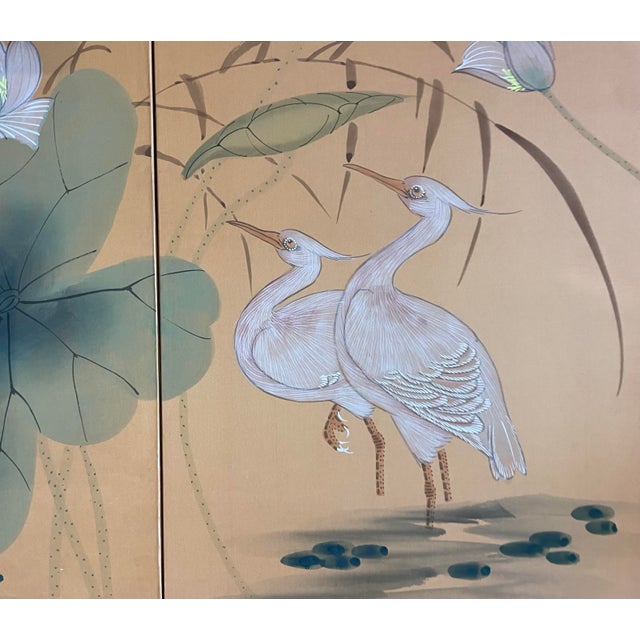 Wonderful signed painted silk four panel screen. The painting has been a fixed in the back to make hanging easier and will...