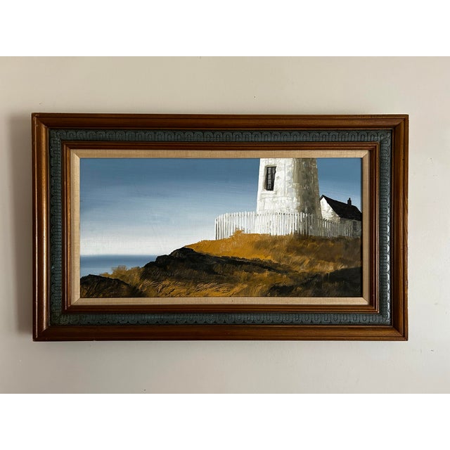 Vintage 1970’s oil painting on canvas of a detail of lighthouse on the coast. In original vintage wood frame. Painting...