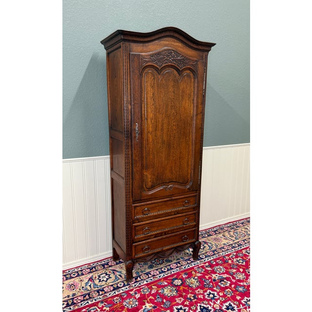 French Antique French Louis XV Style Armoire Linen Cabinet Chest Bonnetiere Oak For Sale - Image 3 of 17