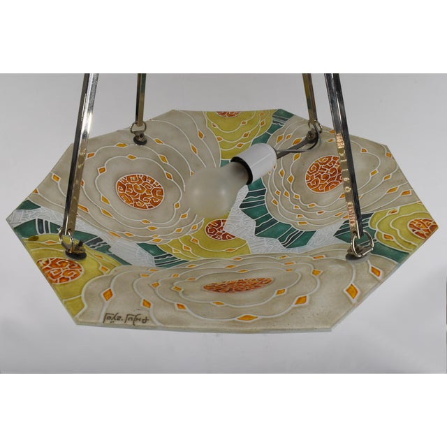 Loys Lucha French Art Deco Pendant Light 1930s - Octagonal Orange Abstract Shade For Sale - Image 14 of 18