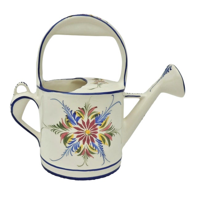 Large Vintage Blue & White Hand Painted Floral Ceramic Garden Watering Can Planter For Sale