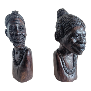 Early 20th Century Exquisite Pair of Iron Wood Carved Shona Male and Female Bust