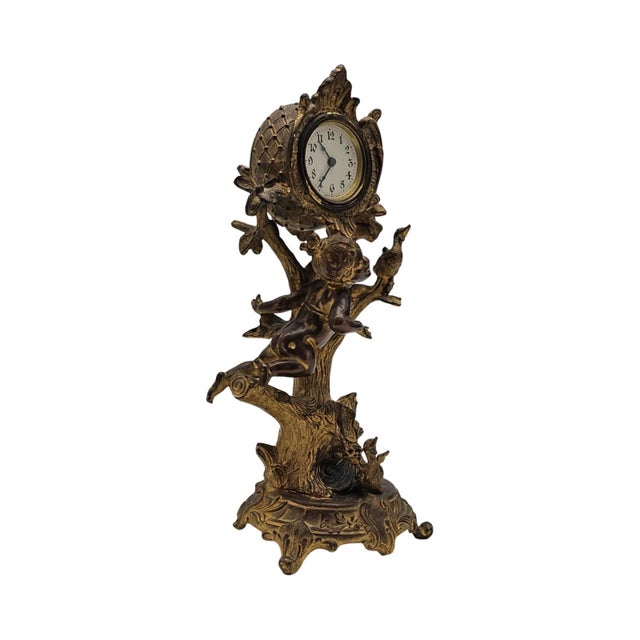 Metal Art Nouveau Figural Mantel Clock With Girl and Ducks Tree Form 15" For Sale - Image 7 of 9