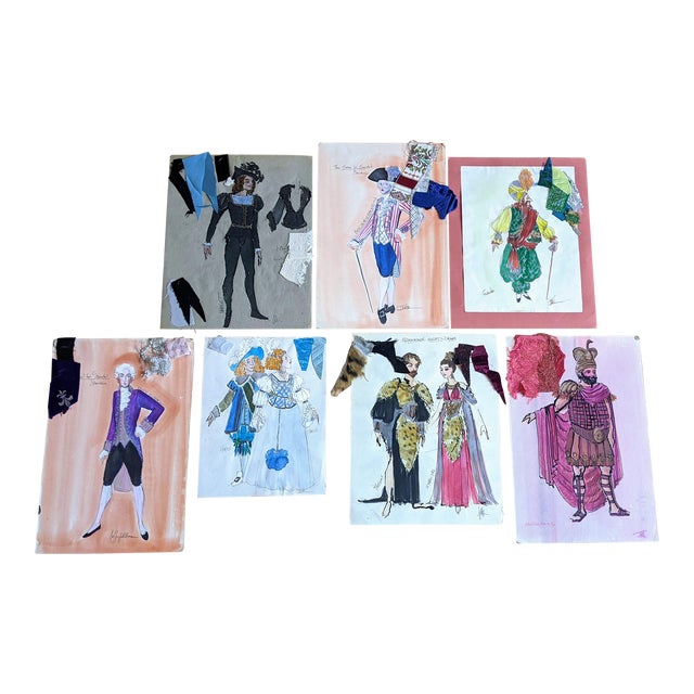 1980s Costume Mixed-Media Illustrations by Jeffrey Ullman - Set of 7 For Sale