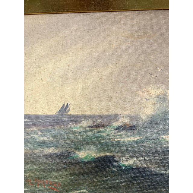 Mid-Century Modern Mid Century Modernist Seascape Painting Sail Boat Seagulls Rocky Shore Original Frame For Sale - Image 3 of 5