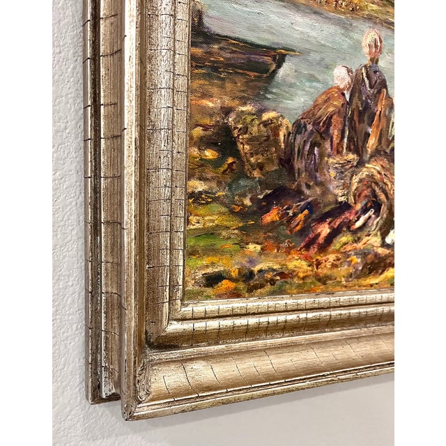 Green Vintage Framed Original Impressionist Painting of Women at the River For Sale - Image 8 of 13