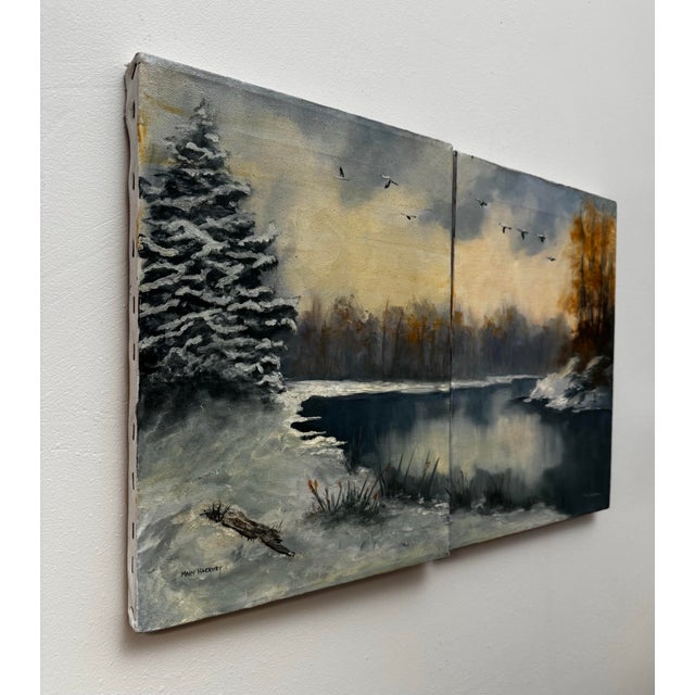 Realism Vintage Traditional Impressionist White Winter Landscape Original Oil Painting Diptych, a Pair in Cerulean Blue, Burnt Umber & White For Sale - Image 3 of 11