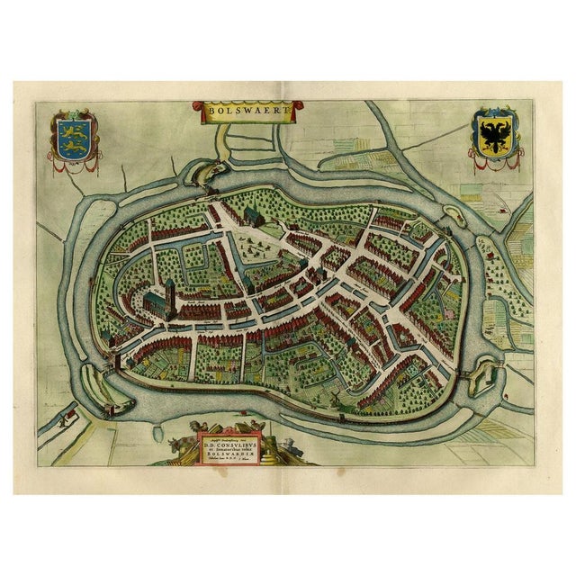 Antique print, titled: 'Bolswaert' - (Town plan of Bolsward). Plan of Bolsward in Friesland, the Netherlands. A cartouche...