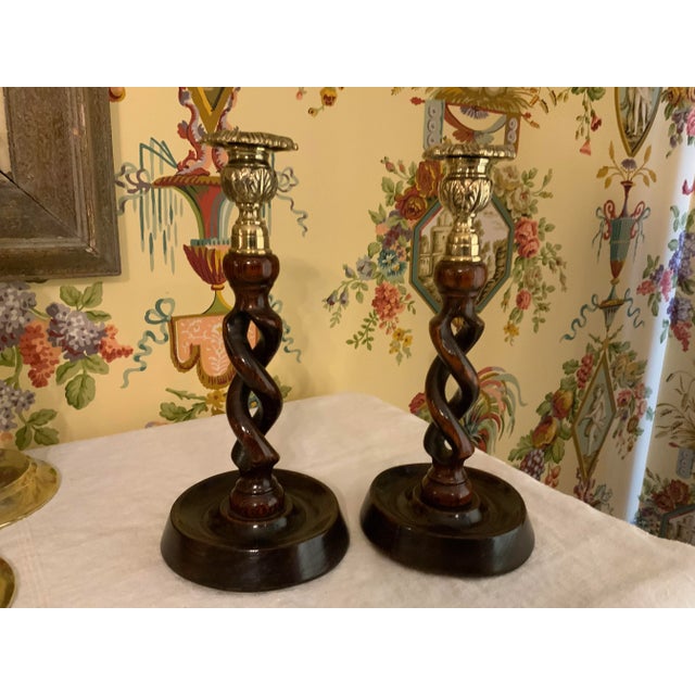 English Victorian Oak & Brass Open Barley Twist Candlesticks Pair For Sale - Image 12 of 12
