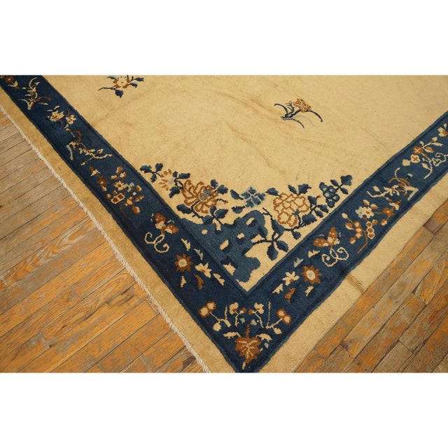 Textile 1920s Beige Medallion Floral Antique Chinese Peking Carpet 8'' X 9'5'' Wool Rug For Sale - Image 7 of 11