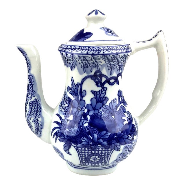 Boho Heavy Blue & White Vintage Chinese Tea Pot For Sale
