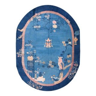 1920s Blue Scene Pictorial Oval Antique Chinese Peking Rug 7'3" X 9'8" Handknotted Wool Carpet For Sale