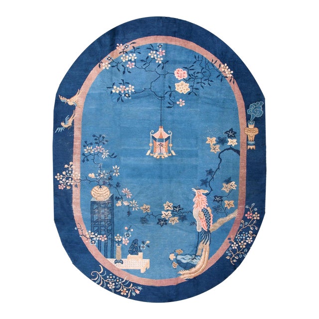 1920s Blue Scene Pictorial Oval Antique Chinese Peking Rug 7'3" X 9'8" Handknotted Wool Carpet For Sale