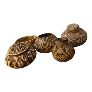 1970s Vintage African Handwoven Basket Set of 5 For Sale