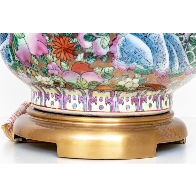 Chinese Famille Rose Millefleurs Hu-Form Porcelain Table Lamp | Figural Scenes | Mid-20th Century | With Shade For Sale - Image 12 of 13