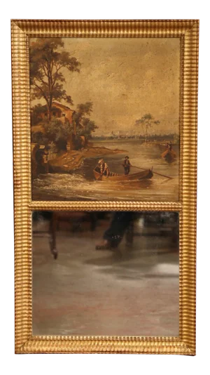 19th Century French Hand-Painted Trumeau Mirror in Giltwood Frame