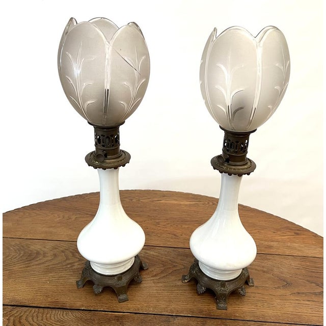 White Large 19th Century Oil Lamps, Set of 2 For Sale - Image 8 of 9