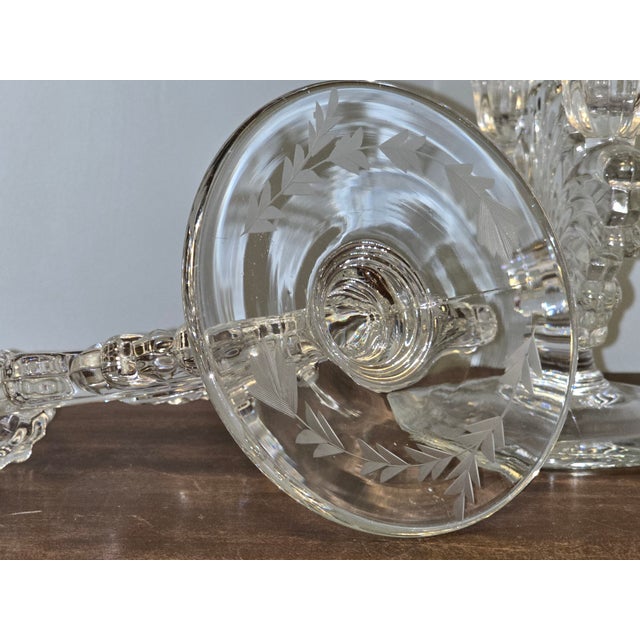 Vintage Pressed‑Glass Candlesticks With Etched Leaf Bases — Pair For Sale - Image 10 of 12