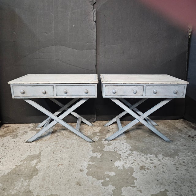 Mid 20th Century Pair of Blue Painted Single Drawer X Frame Side Tables With Blue Accent Line on Top For Sale - Image 9 of 15